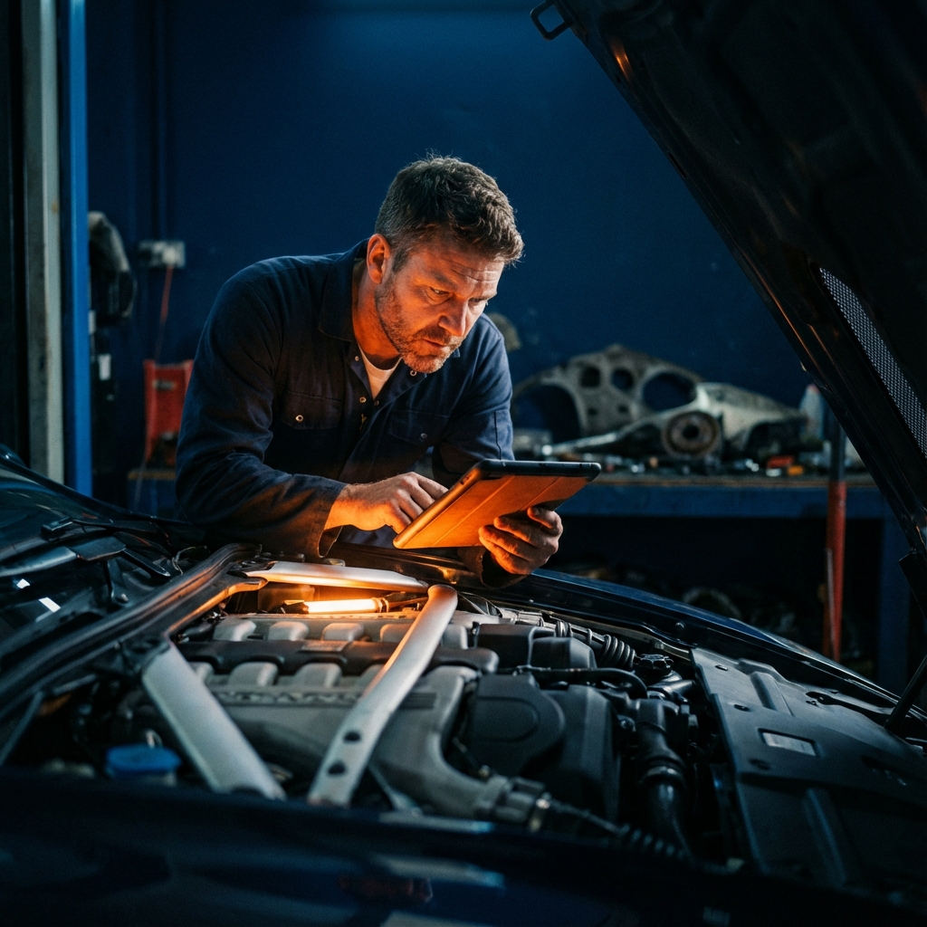 Mecánico experto inspeccionando motor